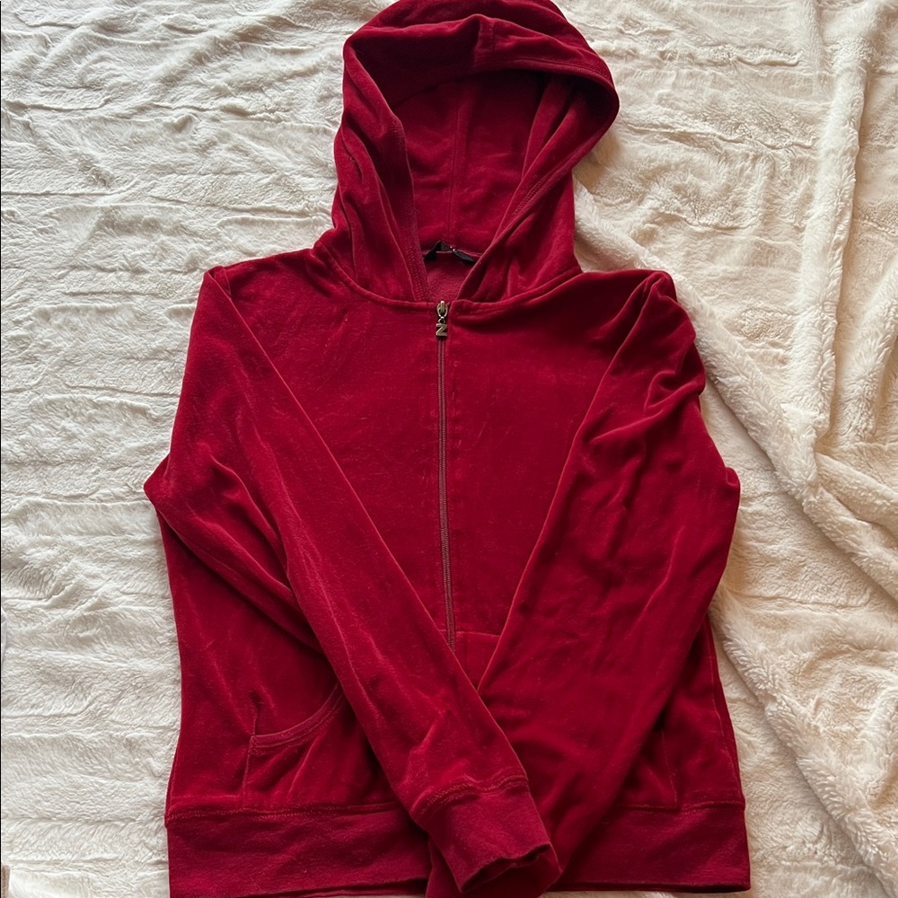 Elegant Crimson Velour Zip-Up Hoodie